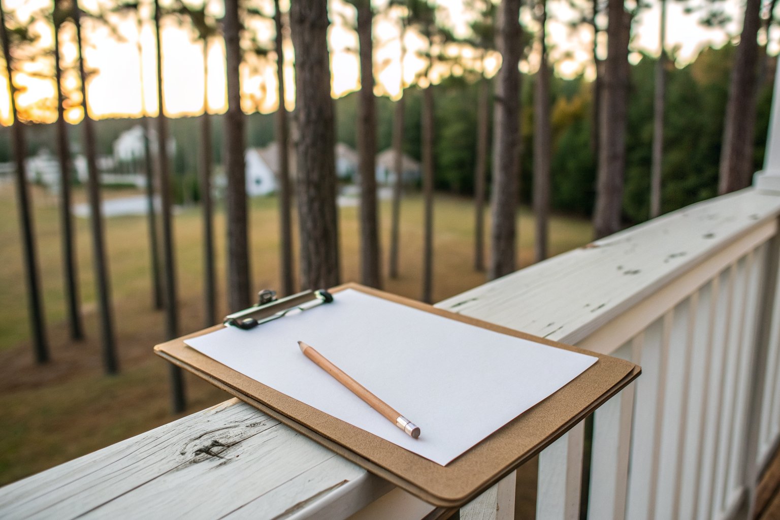 Clipboard with blank paper and a pencil on a white porch railing, pine trees beyond