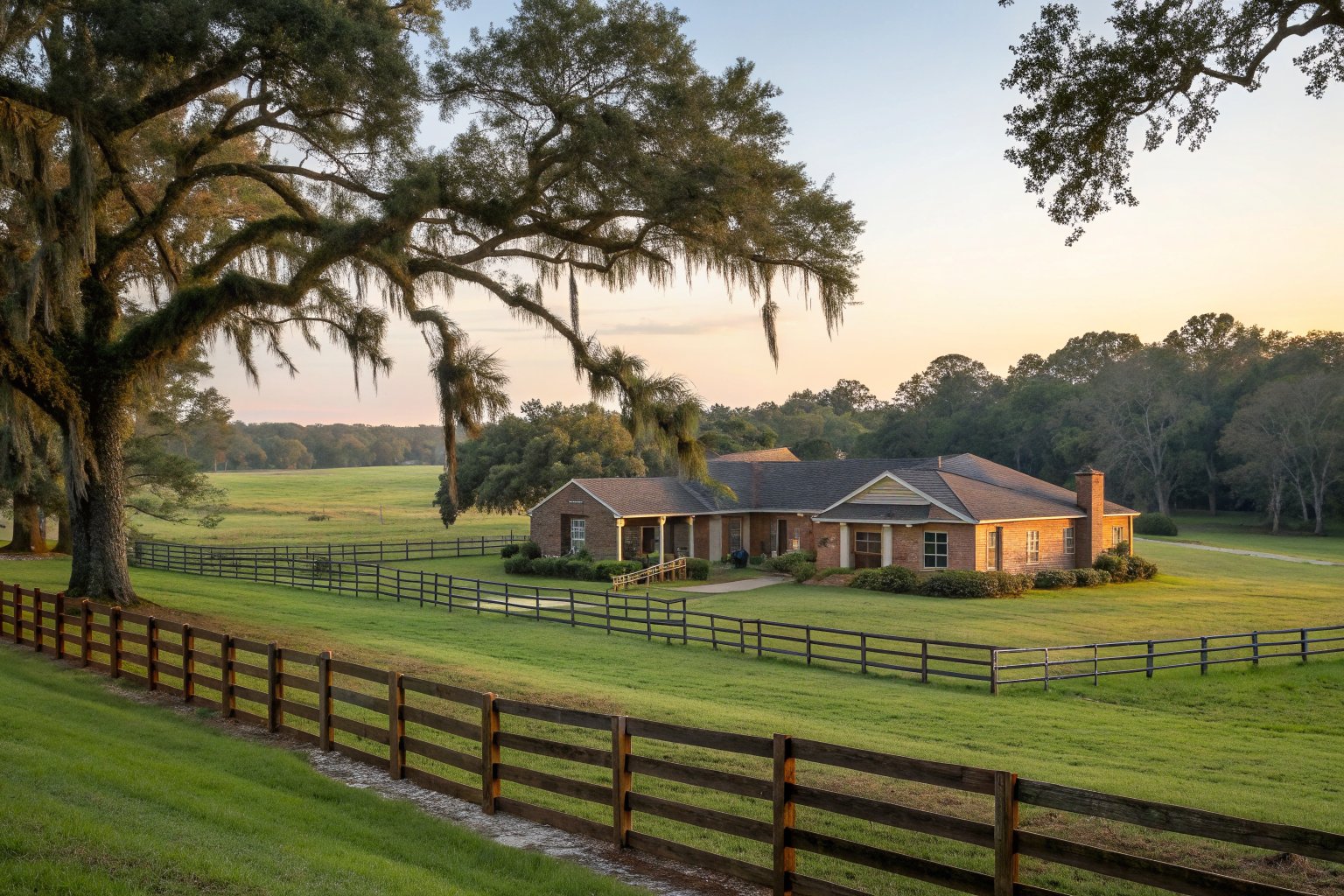 One-story brick ranch home beside a fenced green pasture under large oak trees