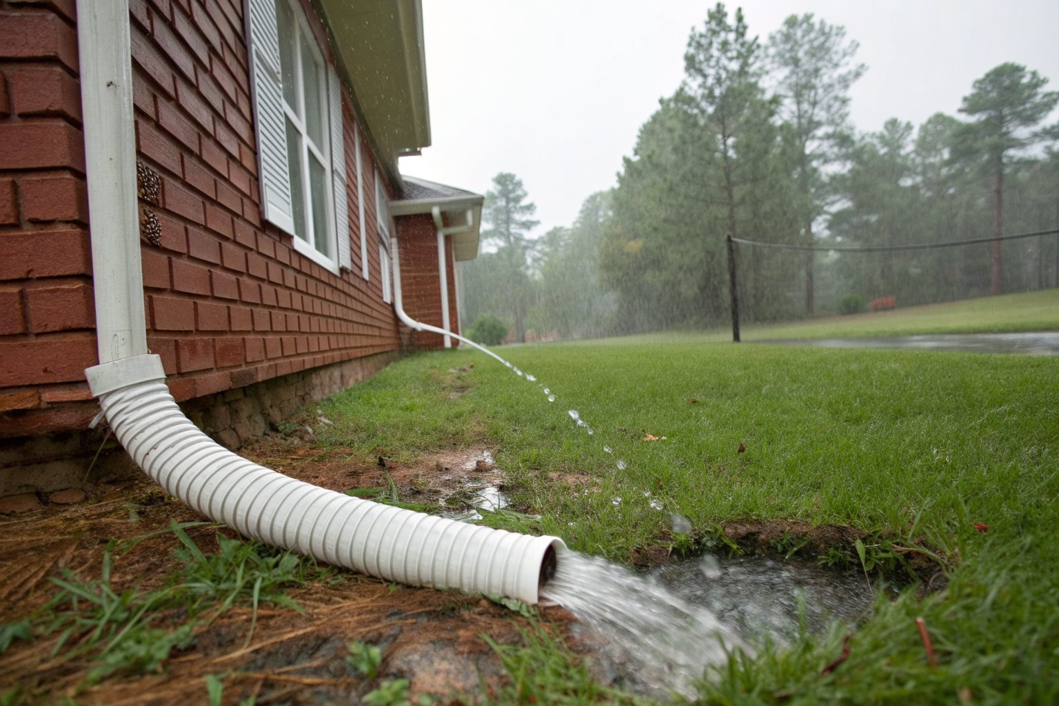 White corrugated downspout extension carrying rainwater away from a red brick wall onto the lawn