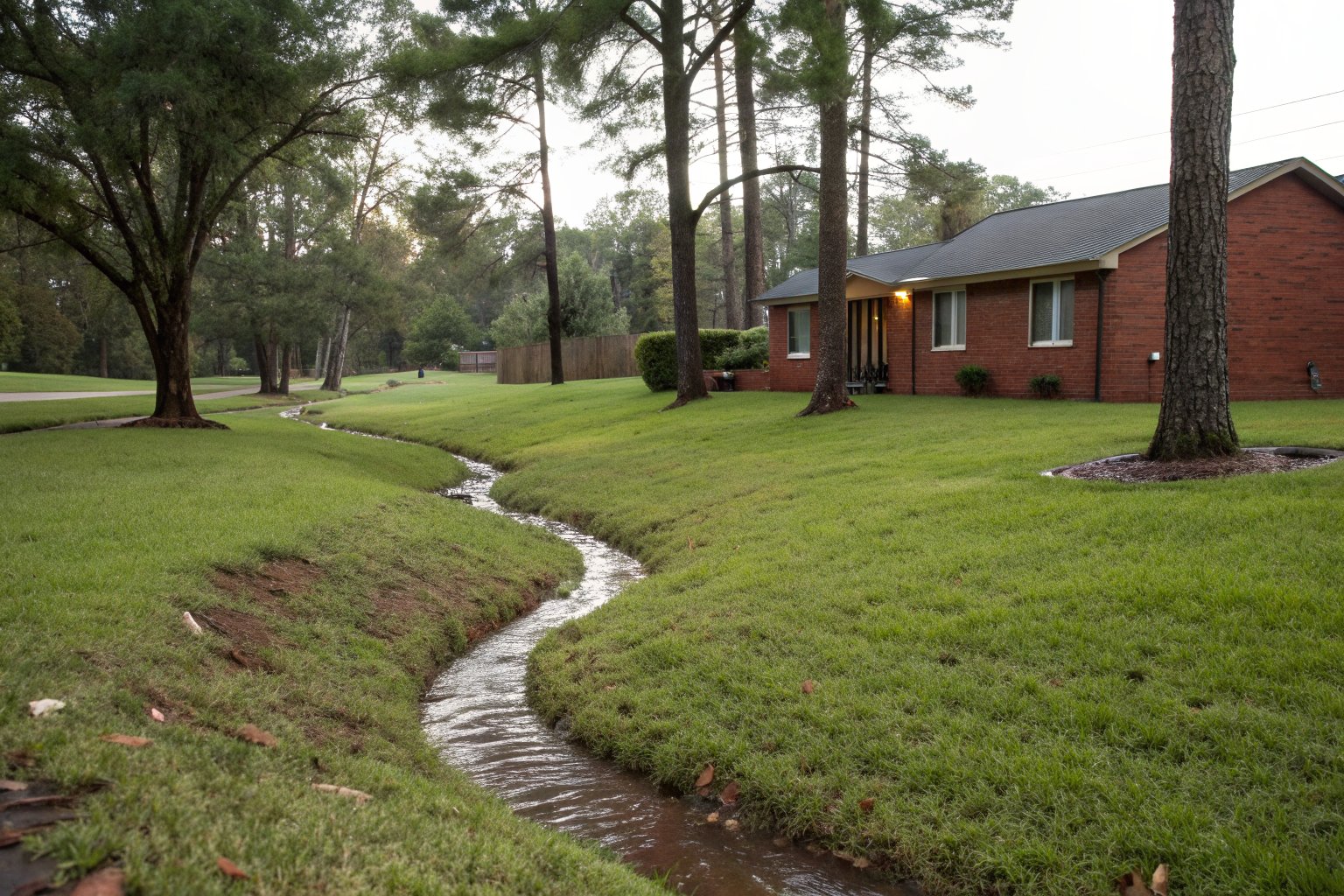 Shallow grassy drainage swale carrying rainwater across a back yard away from a brick ranch house