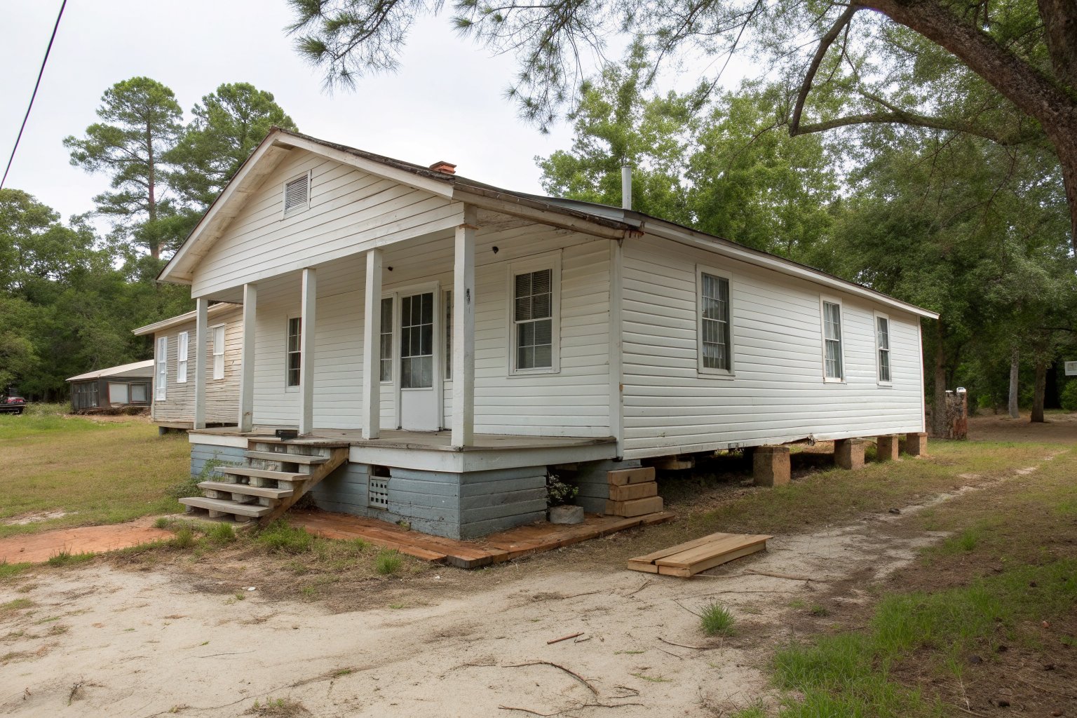 Small old wood-frame house with white siding raised on concrete block piers in a sandy yard