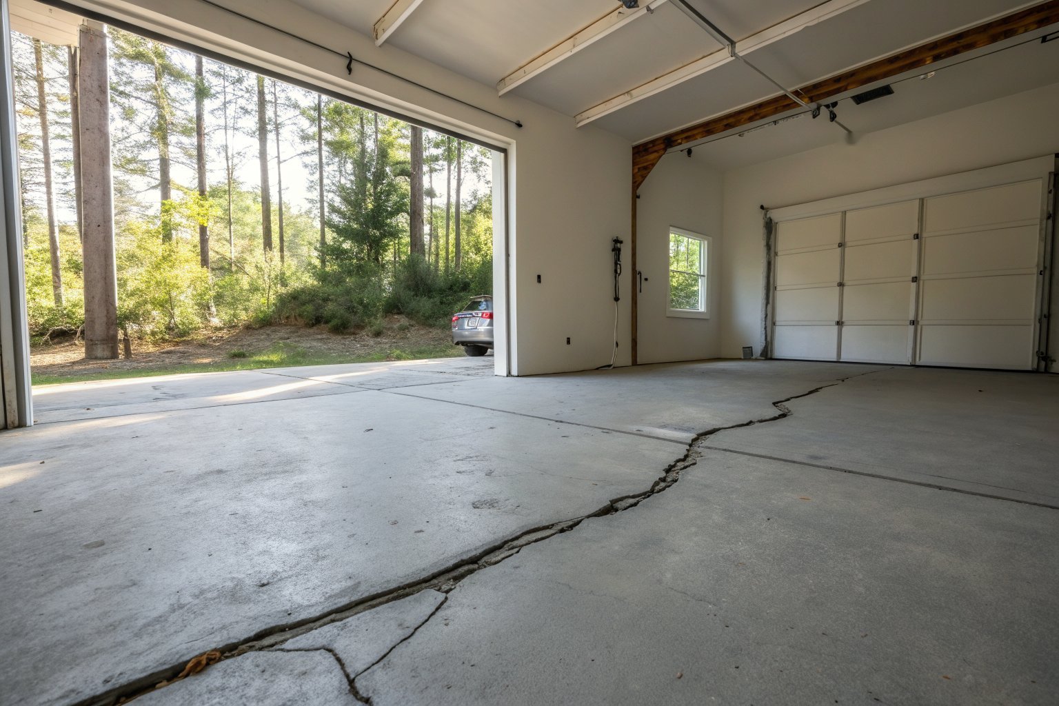 Long crack across a gray concrete garage floor, one side slightly higher, with the garage door open