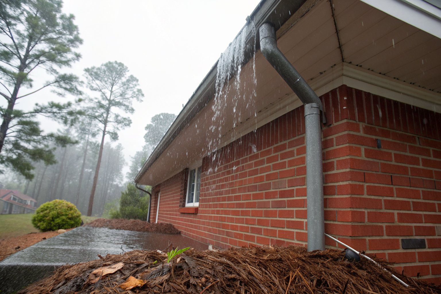 Rainwater pouring over a gutter onto a flower bed against a red brick foundation