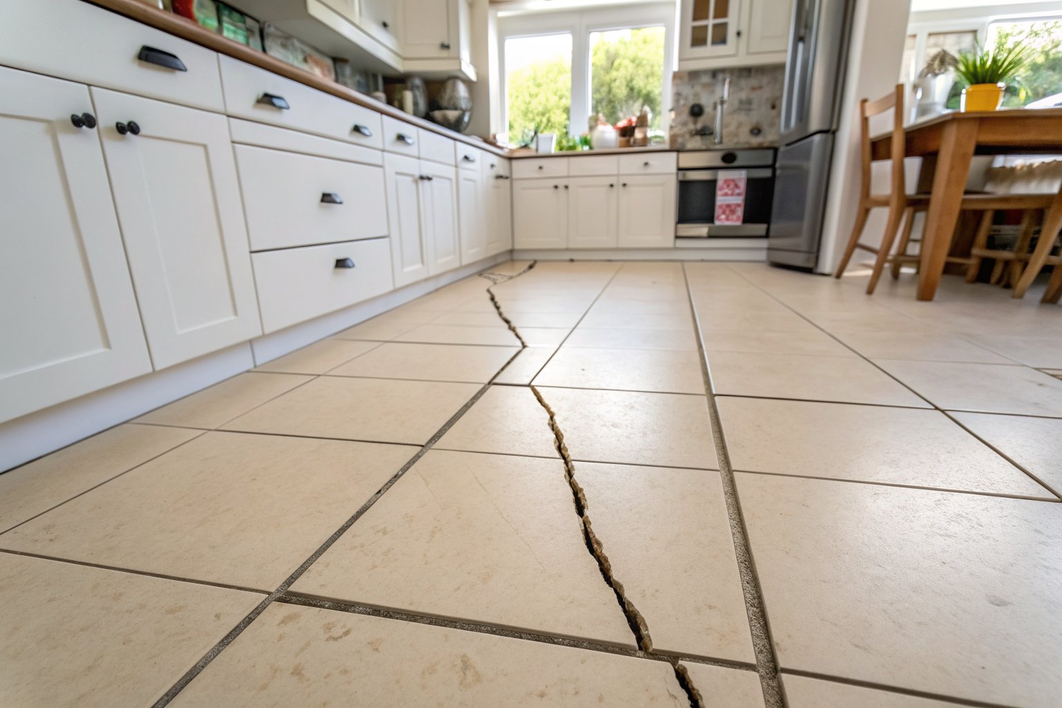 Crack running across cream ceramic floor tiles in a bright kitchen with white cabinets