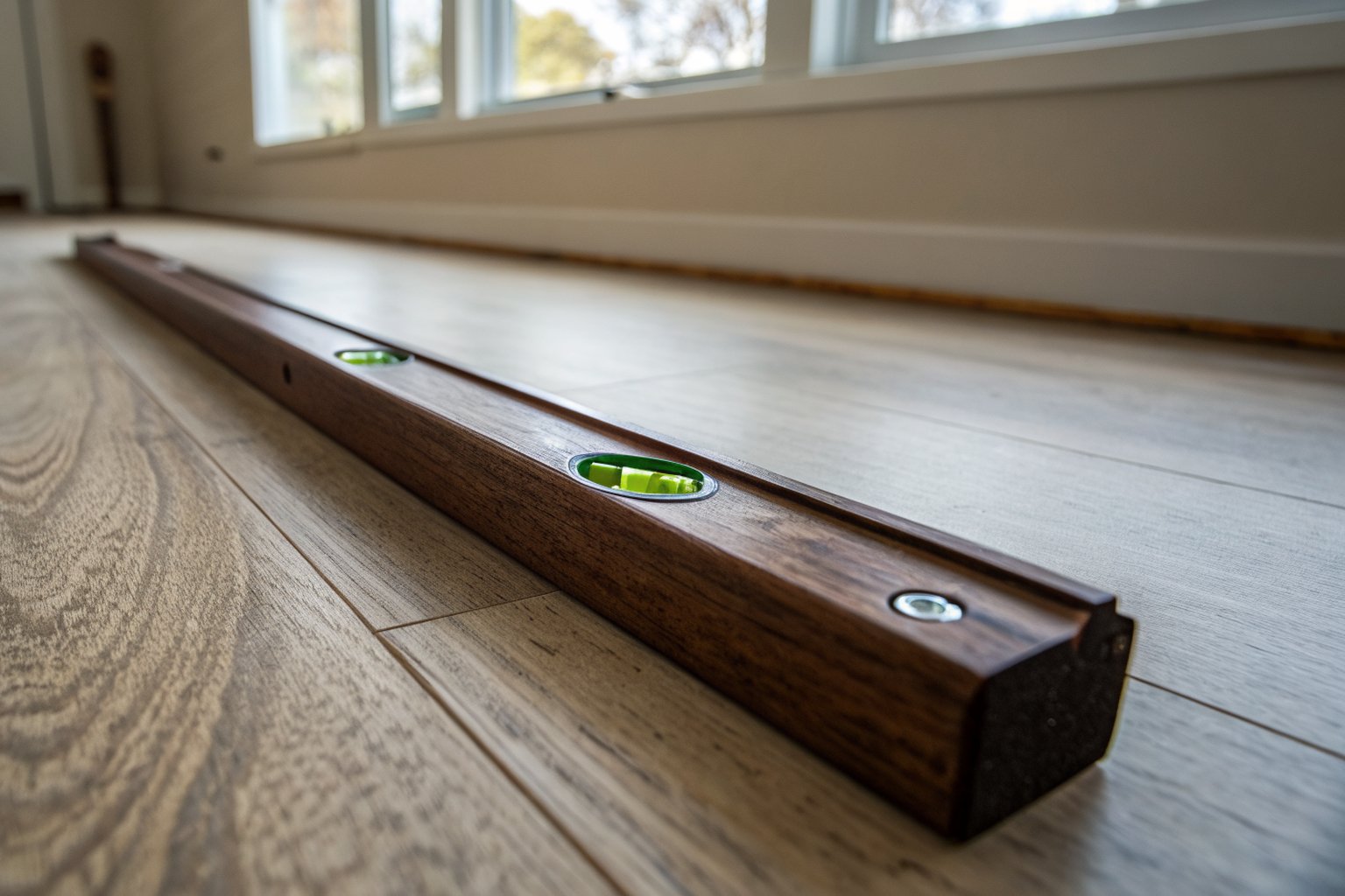 Wooden spirit level lying on a light wood-look plank floor