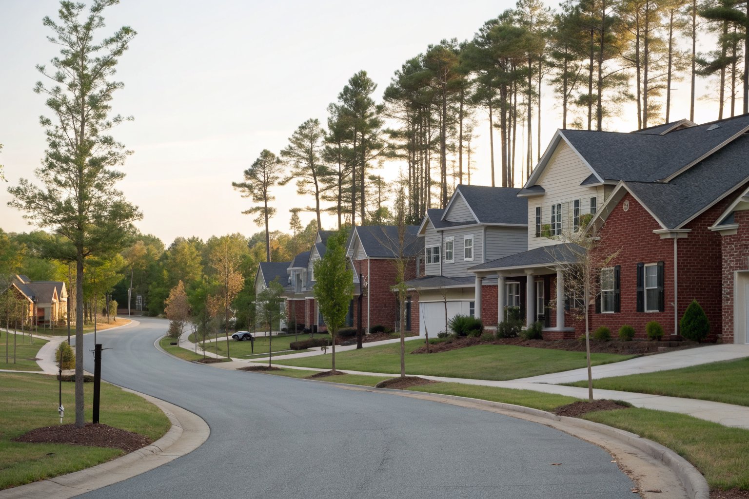 Curving street of newer two-story homes with brick fronts and siding, pine trees behind