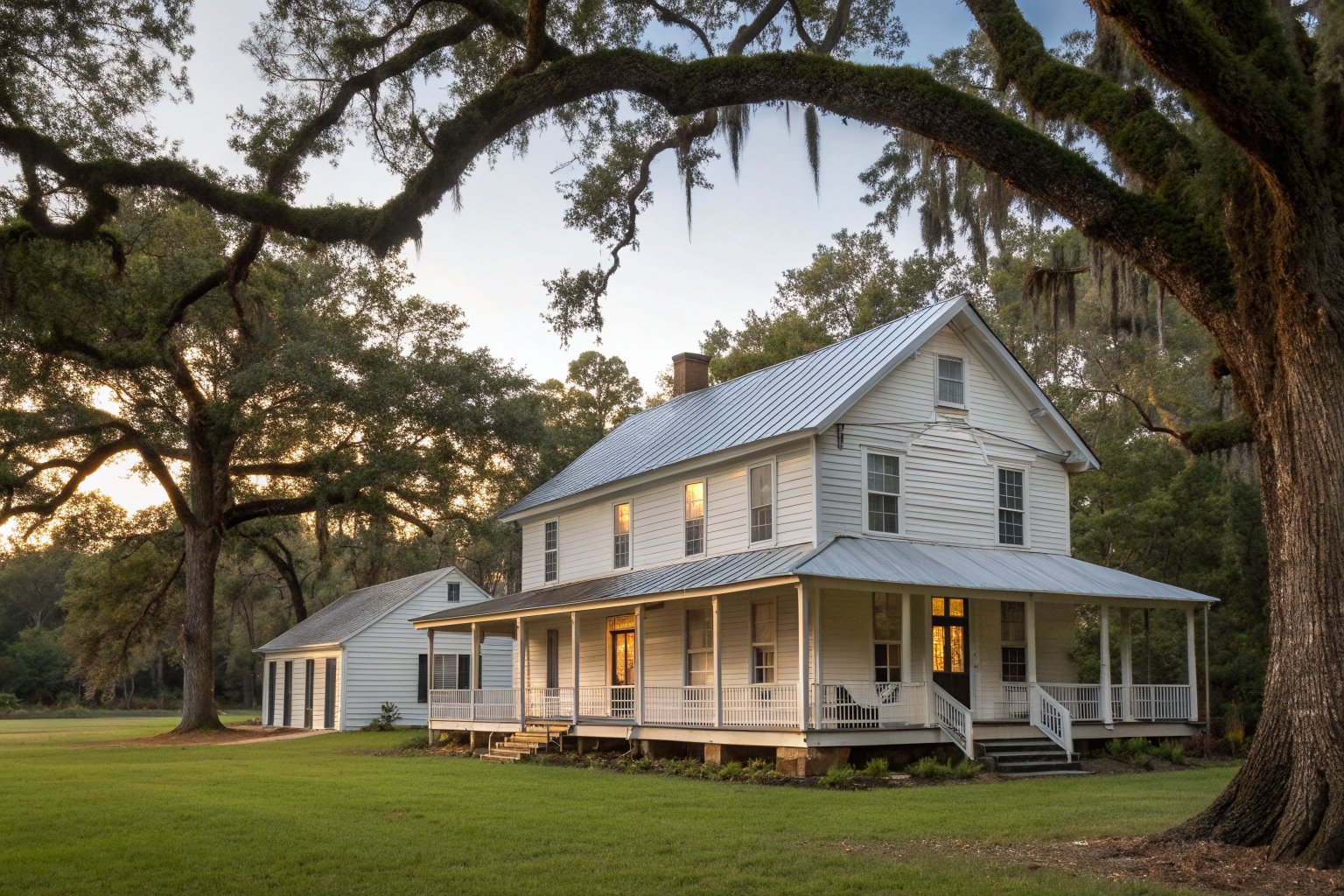 Old white wood-sided farmhouse with a wraparound porch and a tin roof under large oaks