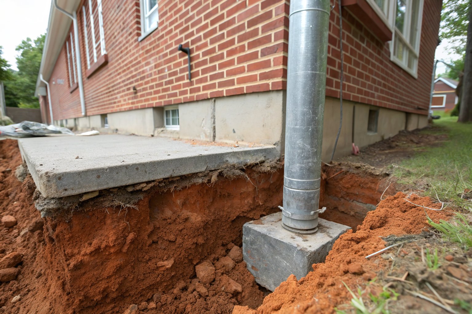 Galvanized steel pipe standing in a red clay pit dug beside the slab edge of a brick house