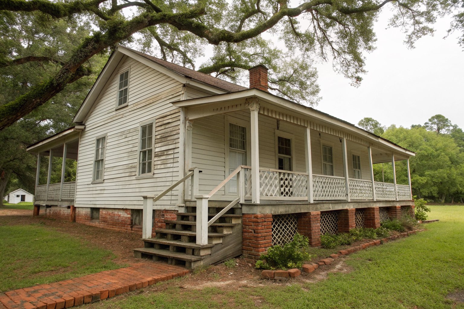 Older one-story wood-sided house raised on brick piers with white lattice skirting