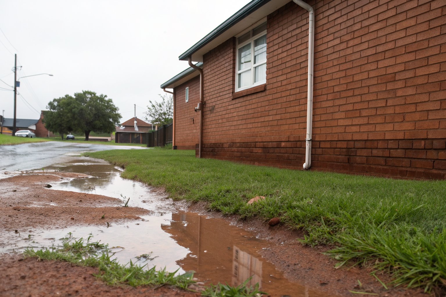 Rain puddles on red clay and grass against the base of a red brick wall