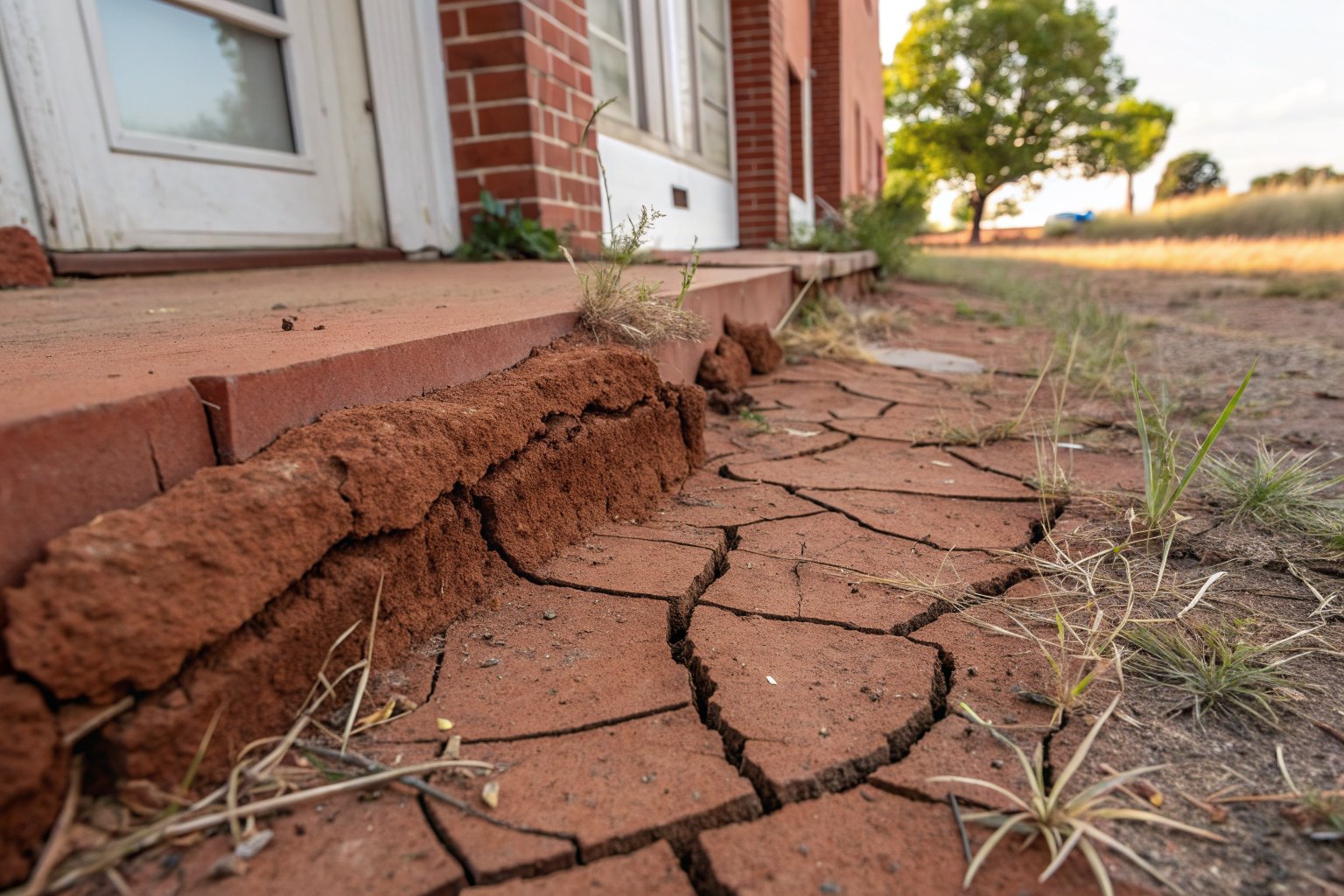 Dry red clay soil split into deep cracks beside the brick foundation of a house