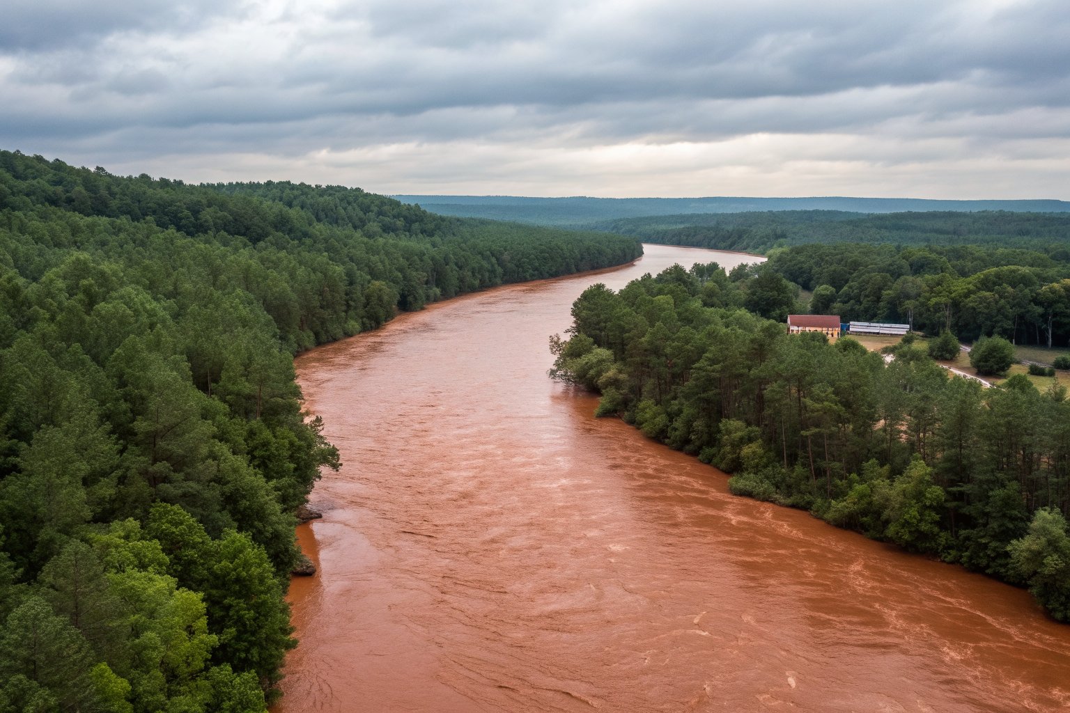 Wide muddy river running high between thickly wooded banks