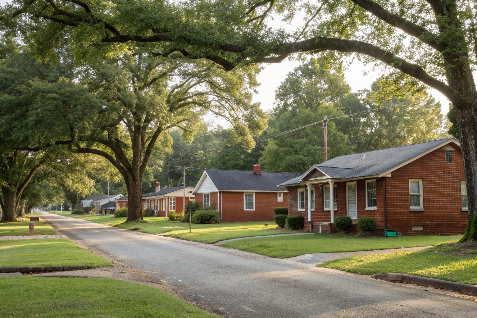 Quiet street of small one-story red brick houses under large oak trees