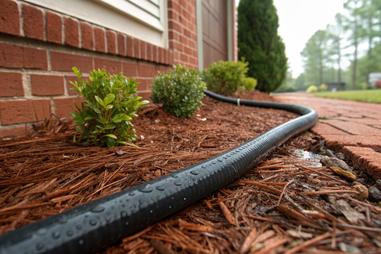 Soaker hose beaded with water along a red brick foundation in a bed of pine straw