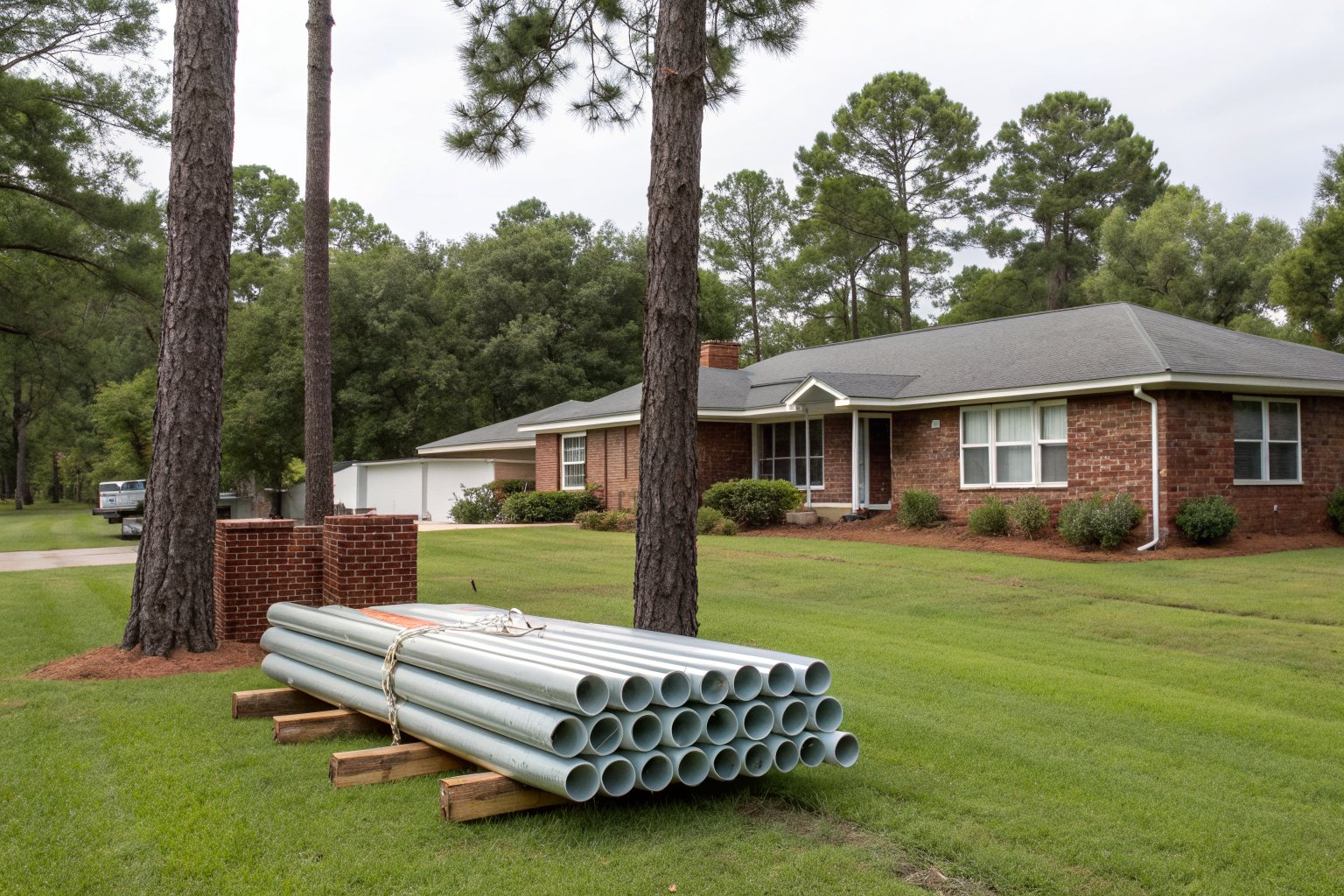 Galvanized steel pipe sections stacked on timbers in a yard with pine trees behind