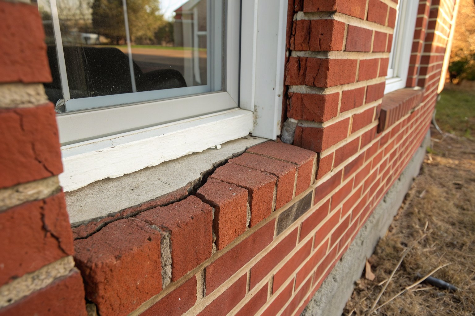 Crack running through the red brick below the corner of a white window frame